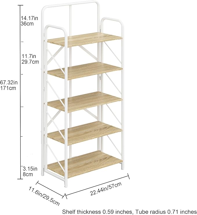 JSB No Assembly Folding Bookshelf, 5 Tier Industrial Metal Book Shelf for Storage, Vintage Wood foldable Bookcase for Living Room, Bedroom, Office Organization Shelves - LeafyLoom
