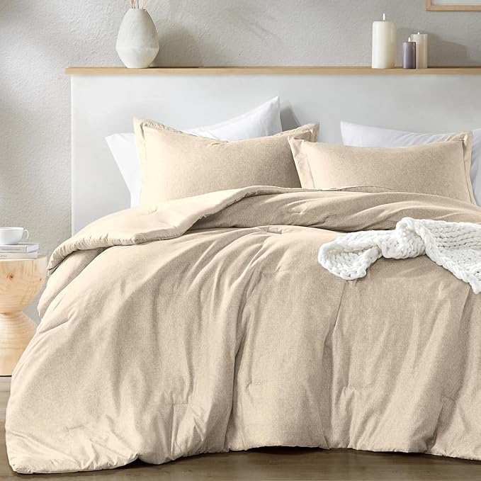 Beige Comforter Set Queen Size - Taupe Soft Luxury Chambray Printed, All Season Lightweight Breathable Bedding Set, 3 Pieces Including 1 Comforter and 2 Pillow Shams - LeafyLoom