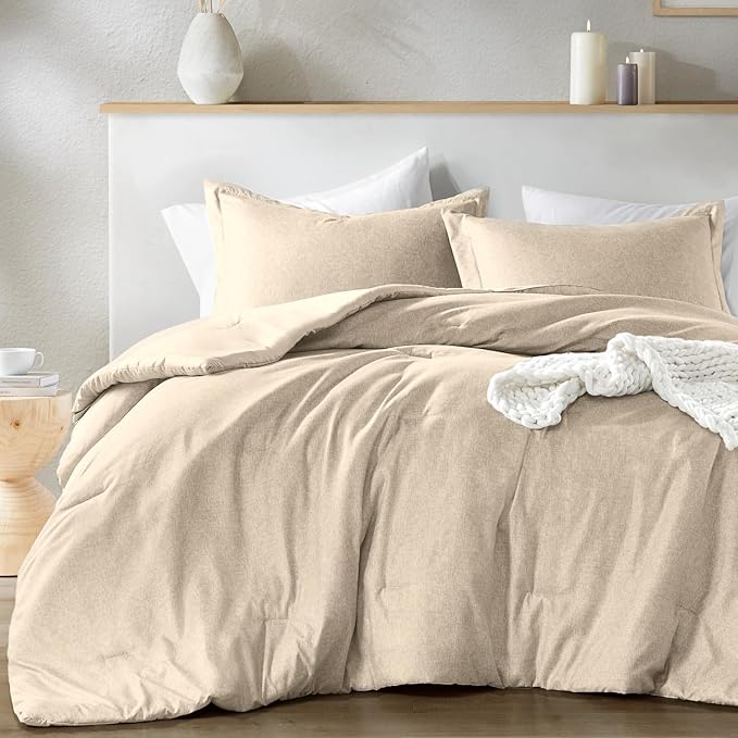 Beige Comforter Set Twin Size - Taupe Soft Luxury Chambray Printed, All Season Lightweight Breathable Bedding Set, 2 Pieces Including 1 Comforter and 1 Pillow Sham - LeafyLoom