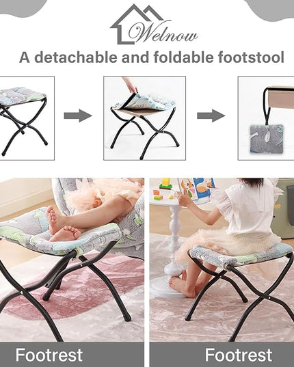 Welnow Toddler Kids Lazy Chair with Ottoman, Glow in The Dark Accent Comfy Lounge Children Armchair Couch with Removable Cover, Detachable Reading Chair with Footrest for Boy or Girl, Grey Dinosaur - LeafyLoom