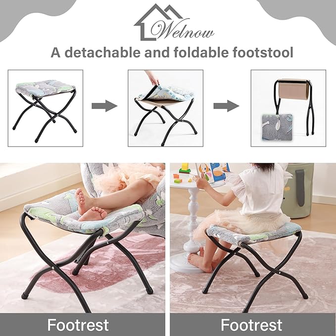 Welnow Toddler Kids Lazy Chair with Ottoman, Glow in The Dark Accent Comfy Lounge Children Armchair Couch with Removable Cover, Detachable Reading Chair with Footrest for Boy or Girl, Grey Dinosaur - LeafyLoom
