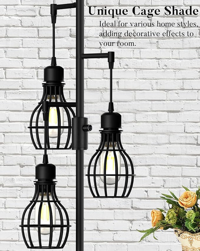 Lightdot 68IN Industrial Floor Lamp Dimmable (Brightness Adjustable), Farmhouse Tree Floor Lamp with E26 LED Edision Bulbs Included, 3-Light Tall Pole Standing Lamp for Living Room Bedroom-Black - LeafyLoom