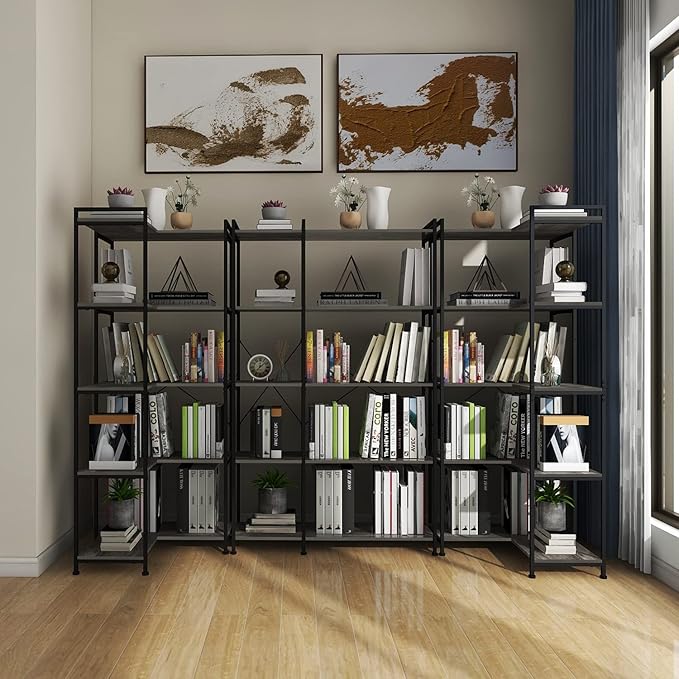 Bookshelf 5 Tier Deformable Corner Bookcase Free Standing Modern Industrial Book Storage Display Book Shelf for Bedroom Living Room Study Room Office (Dark Grey) - LeafyLoom