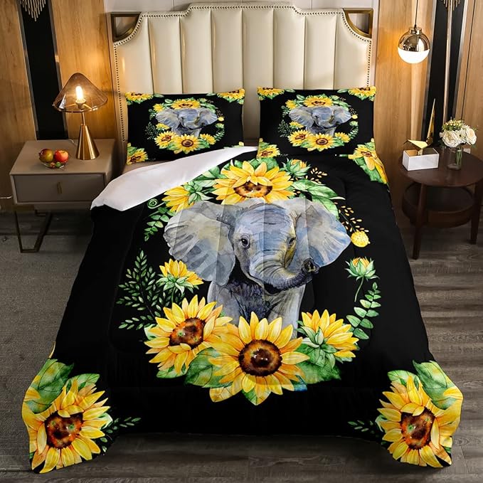Elephant Comforter Set, Yellow Sunflower Down Comforter Full Size for Kids Girls Teens Adult Bedroom Decor, African Safari Animal Duvet Sets Floral Petal Country Bedding Set with 2 Pillow Cases - LeafyLoom