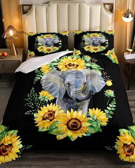 Elephant Comforter Set, Yellow Sunflower Down Comforter Queen Size for Kids Girls Teens Adult Bedroom Decor, African Safari Animal Duvet Sets Floral Petal Country Bedding Set with 2 Pillow Cases - LeafyLoom