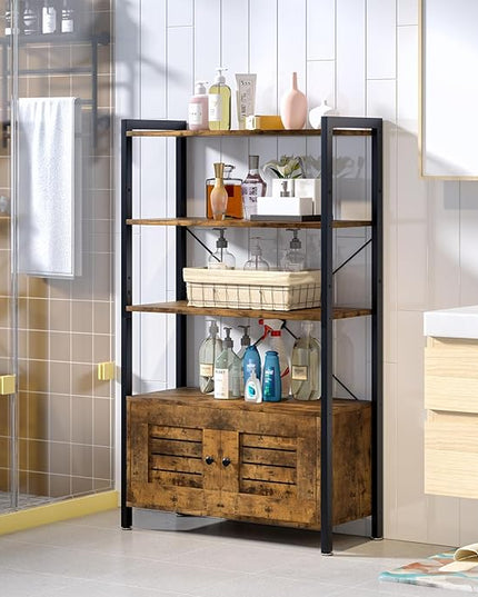 Storage Cabinet with 3 Open Shelves, 1 Cupboard Large Kitchen Industrial Display Standing Shelf, Rustic Brown Wooden and Metal FrameShelf for Living Room, Bedroom, Home Office Organizer - LeafyLoom