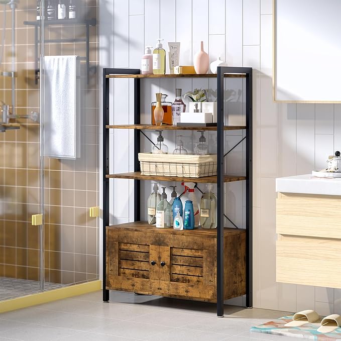 Storage Cabinet with 3 Open Shelves, 1 Cupboard Large Kitchen Industrial Display Standing Shelf, Rustic Brown Wooden and Metal FrameShelf for Living Room, Bedroom, Home Office Organizer - LeafyLoom