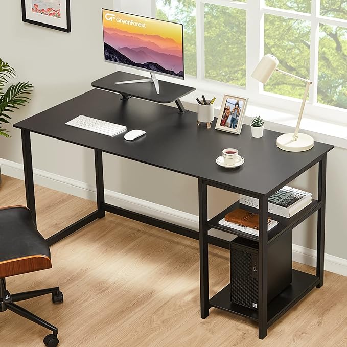 GreenForest Computer Home Office Desk with Monitor Stand and Storage Shelves on Left or Right Side,47 inch Modern Writing Study PC Laptop Work Table,Black - LeafyLoom