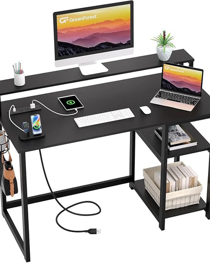 GreenForest Computer Desk with USB Charging Port and Power Outlet, Reversible Home Office Desk with Monitor Stand Storage Shelves for Small Space,47 in Work Desk with Cup Holder Hook,Black - LeafyLoom