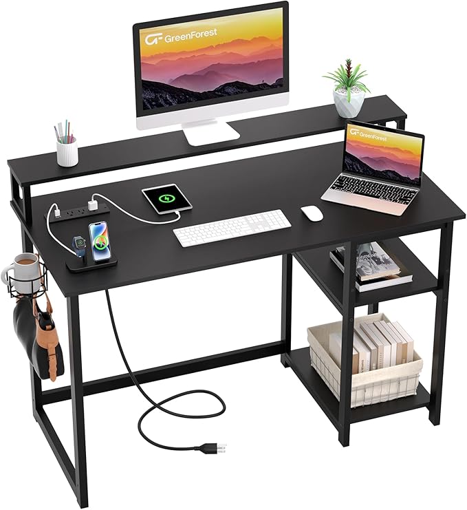 GreenForest Computer Desk with USB Charging Port and Power Outlet, Reversible Home Office Desk with Monitor Stand Storage Shelves for Small Space,47 in Work Desk with Cup Holder Hook,Black - LeafyLoom