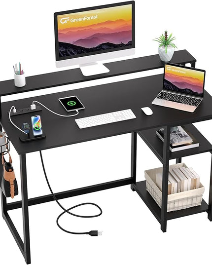 GreenForest Computer Desk with USB Charging Port and Power Outlet,Reversible Small Desk with Monitor Stand and Storage Shelves for Home Office,40 in Work Desk with Cup Holder Hook,Black - LeafyLoom