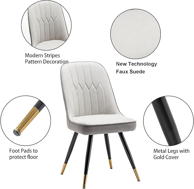 Alunaune Modern Dining Chairs Set of 2 Upholstered Kitchen Chairs Accent Chair, Mid Century Armless Leisure Chair Living Room Faux Leather Desk Side Chair with Gold Metal Legs-Ivory Grey - LeafyLoom