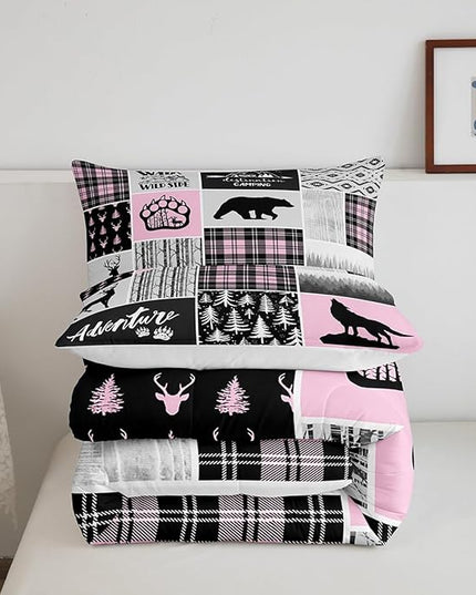 Rustic Farmhouse Comforter Set Full Size,Deer Bear Wolf Hunting Animals Bedding Set for Kids Boys Girls Adults Room Decor,Pine Trees Patchwork Down Comforter,Pink Xmas Duvet Insert,2 Pillowcases - LeafyLoom