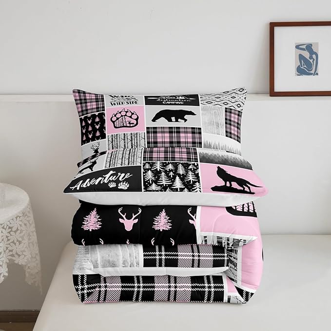 Rustic Farmhouse Comforter Set Full Size,Deer Bear Wolf Hunting Animals Bedding Set for Kids Boys Girls Adults Room Decor,Pine Trees Patchwork Down Comforter,Pink Xmas Duvet Insert,2 Pillowcases - LeafyLoom