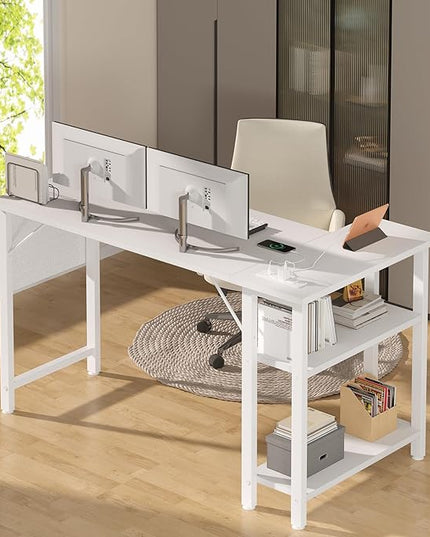 Lufeiya White L Shaped Computer Desk with Power Outlet Shelves, 47 Inch Corner Desk for Home Office Bedroom, L-Shaped Study Writing Working PC Desks, White - LeafyLoom