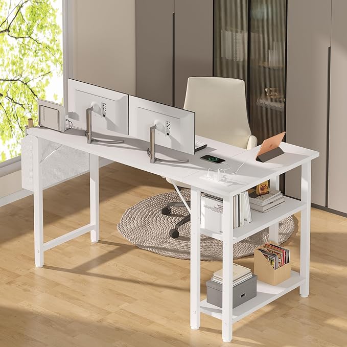 Lufeiya White L Shaped Computer Desk with Power Outlet Shelves, 47 Inch Corner Desk for Home Office Bedroom, L-Shaped Study Writing Working PC Desks, White - LeafyLoom