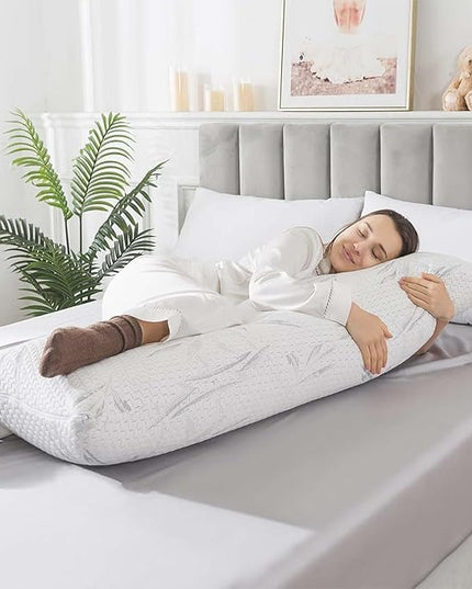 WhatsBedding Memory Foam Body Pillow for Adults with Zipperd Rayon Derived from Bamboo Cover, Breathable Long Pillow for Side Sleeper, Shredded Memory Foam Stuffing, Grey Leaf - LeafyLoom