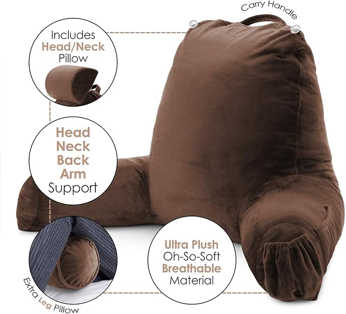 Nestl Reading Pillow with Portable Laptop Lap Desk, Velvet Feel Back Pillow for Sitting in Bed, Shredded Memory Foam Back Support Pillow for Bed, Bed Rest Pillow with Arms, Large - Brown - LeafyLoom