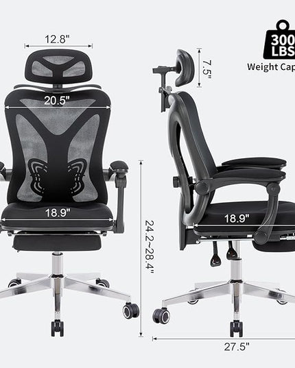 Ergonomic Office Chair with Footrest | Adjustable Lumbar Support, Reclining Desk Chair with Leg Rest, Comfortable Mesh Computer Chair for Home & Office (Black) - LeafyLoom