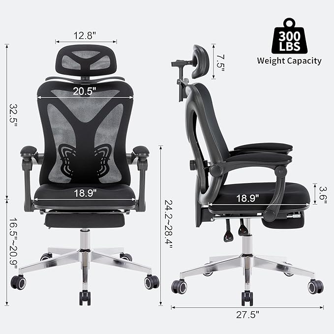 Ergonomic Office Chair with Footrest | Adjustable Lumbar Support, Reclining Desk Chair with Leg Rest, Comfortable Mesh Computer Chair for Home & Office (Black) - LeafyLoom