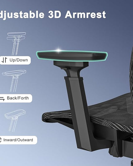 Ergonomic mesh Office Chair, Computer Desk Chair with 3D Armrests, Adjustable Lumbar Cushion & 2D Headrest, Black High Back office chair with Tilt Function, Mesh Backrest & Seat - LeafyLoom
