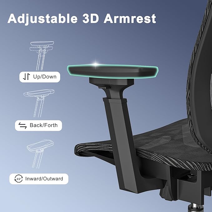 Ergonomic mesh Office Chair, Computer Desk Chair with 3D Armrests, Adjustable Lumbar Cushion & 2D Headrest, Black High Back office chair with Tilt Function, Mesh Backrest & Seat - LeafyLoom