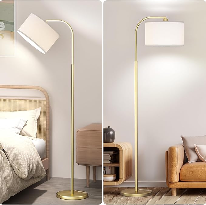 Arc Floor Lamps for Living Room with 3 Color Temperatures, Modern Floor Lamp Reading Light with 9W Bulb Included, Standing Lamp with Adjustable White Hanging ‎Lampshade for Bedroom Office(Gold) - LeafyLoom