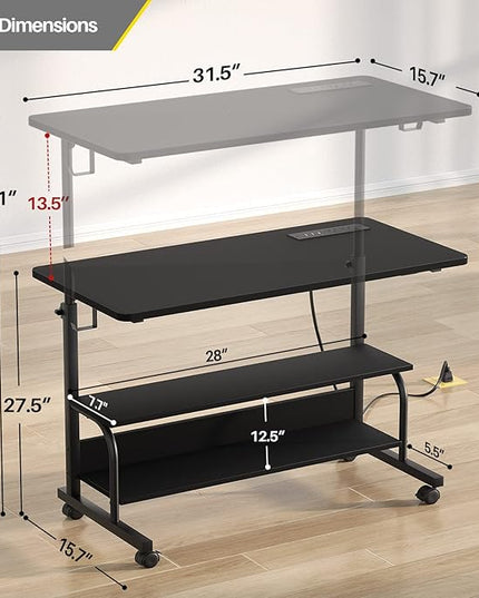 Height Adjustable Standing Desk with Power Outlets, 32" Manual Stand Up Desk with Storage Shelves Small Mobile Rolling Computer Desk Portable Laptop Table with Wheels for Home Office, Black - LeafyLoom