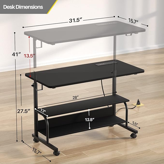Height Adjustable Standing Desk with Power Outlets, 32" Manual Stand Up Desk with Storage Shelves Small Mobile Rolling Computer Desk Portable Laptop Table with Wheels for Home Office, Black - LeafyLoom