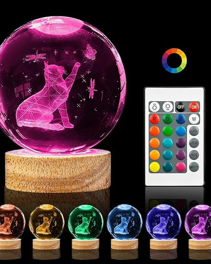 Cat Gifts for Cat Lovers for Women, Large 3D Cat Night Light, Crystal Cat Figurines Lamp 16 Color Changing with Remote Control for Bedroom Decor, Cat Play with Butterfly - LeafyLoom