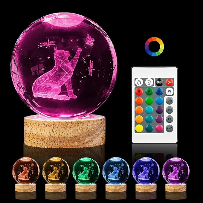 Cat Gifts for Cat Lovers for Women, Large 3D Cat Night Light, Crystal Cat Figurines Lamp 16 Color Changing with Remote Control for Bedroom Decor, Cat Play with Butterfly - LeafyLoom