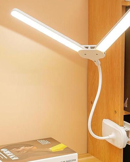 Dual Head LED Desk Lamp with Clamp, Eye-Caring Clip on Lights for Home Office, 4000mAh Rechargeable Battery Operated Table Lamps,3 Lighting Modes & Brightness Dimmer Light for Kids Students - LeafyLoom