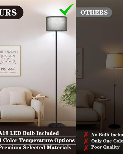 LED Floor Lamp for Bedroom, 3 Color Temperature Modern Standing Lamp, Modern Tall Lamp for Living Room, Grey Minimalist Pole Lamp with Pull Chain, Stand Up Lamp for Nursery Hotel, 9W Bulb Included - LeafyLoom