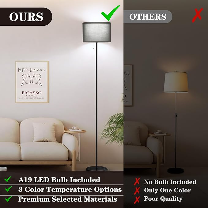 LED Floor Lamp for Bedroom, 3 Color Temperature Modern Standing Lamp, Modern Tall Lamp for Living Room, Grey Minimalist Pole Lamp with Pull Chain, Stand Up Lamp for Nursery Hotel, 9W Bulb Included - LeafyLoom