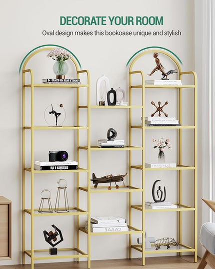 5 tier Bookcase Bookshelf, Tempered Glass Bookshelves, Triple Wide Glass Storage Rack with 14 Open Storage Spaces, Display Shelf for Living Room, Home Office, Bedroom, Gold BC50101G - LeafyLoom