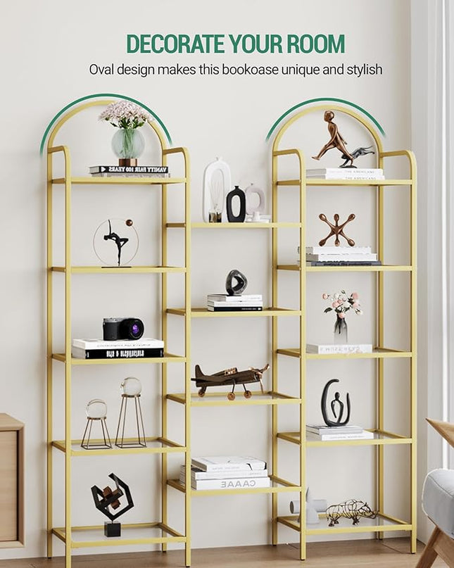 5 tier Bookcase Bookshelf, Tempered Glass Bookshelves, Triple Wide Glass Storage Rack with 14 Open Storage Spaces, Display Shelf for Living Room, Home Office, Bedroom, Gold BC50101G - LeafyLoom