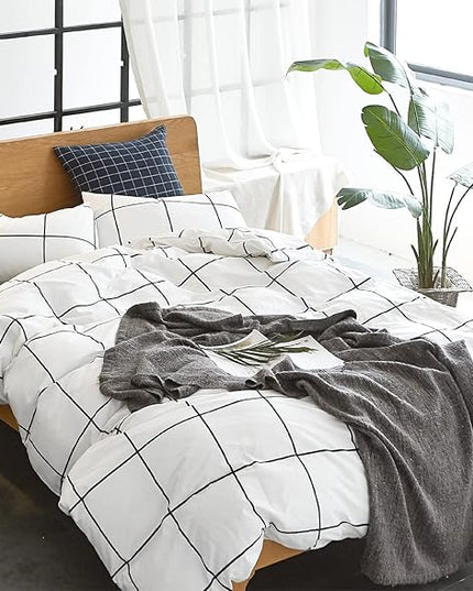 White Grid Comforter Set Big Grid Bedding Set Twin Cotton White with Black Plaid Printed Stripes Women Checkered Comforters Bedding Set White Grid Bed Blanket Set White Plaid Comforter - LeafyLoom