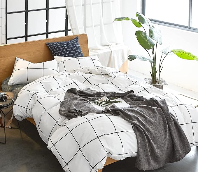 White Grid Comforter Set Big Grid Bedding Set Twin Cotton White with Black Plaid Printed Stripes Women Checkered Comforters Bedding Set White Grid Bed Blanket Set White Plaid Comforter - LeafyLoom
