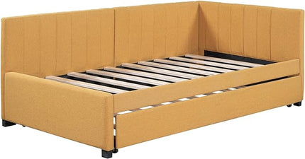 Merax Twin Size Daybed with Trundle, Linen Upholstered Sofa, Solid Wood Slats Support Wooden Day Bed Frame for Living Room, Apartment, Small Spaces, No Box Spring Needed, Yellow - LeafyLoom