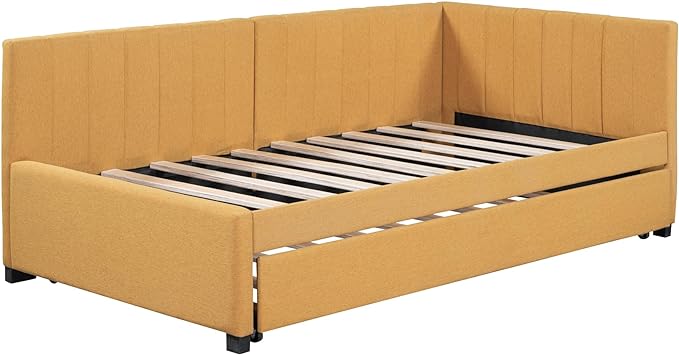 Merax Twin Size Daybed with Trundle, Linen Upholstered Sofa, Solid Wood Slats Support Wooden Day Bed Frame for Living Room, Apartment, Small Spaces, No Box Spring Needed, Yellow - LeafyLoom