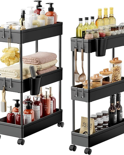 Pipishell Bathroom Cart, 2 Pack Slim Storage Cart Bathroom Organizer with Hanging Cups & Hooks, Bathroom Storage Rolling Cart for Bathroom, Laundry Room, Kitchen, Set of 2, PIUC07BK2 - LeafyLoom