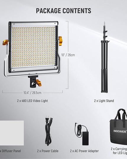 Neewer 2 Packs Dimmable Bi-Color 480 LED Video Light and Stand Lighting Kit Includes: 3200~5600K CRI 96+ LED Panel with U Bracket, 75 inches Light Stand for YouTube Studio Photography, Video Shooting Neewer