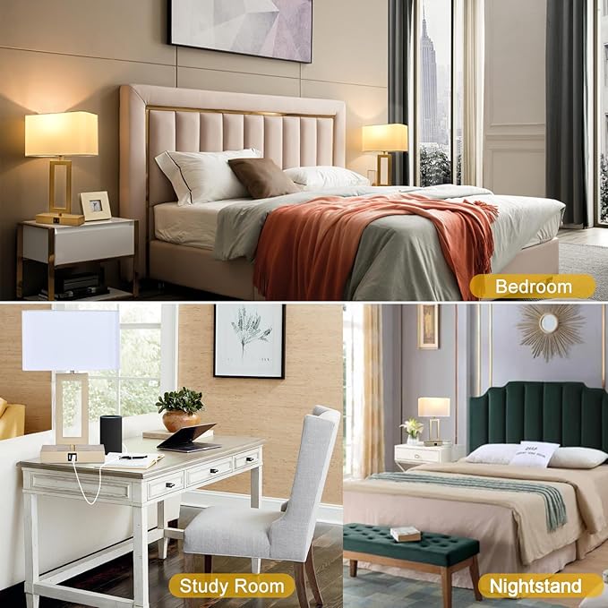 Set of 2 Table Lamps with Dual USB Ports,Touch Control for Bedside and Nightstand in Bedroom, 3-Way Dimmable Modern for Desk, Living Room, Office, LED Bulbs Included, Gold&White - LeafyLoom