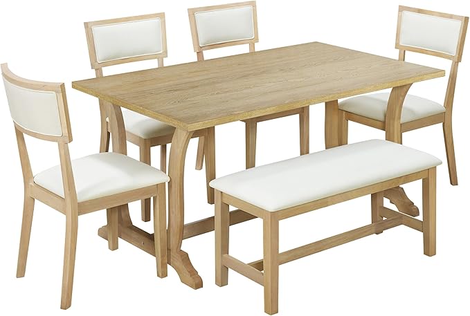 6-Piece Wood Rectangular Dining Table Set with 4 Upholstered Arched Back Chairs and Bench, for Kitchen, Living Room, Farmhouse, Brown, 59" L x 35.4" W x 30" H - LeafyLoom