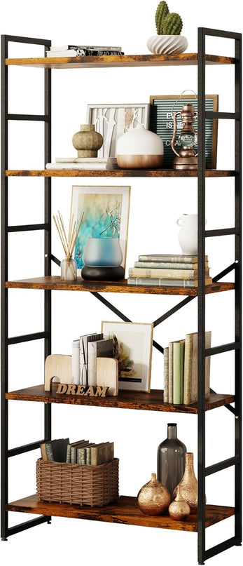 Shintenchi 5 Tiers Bookshelf, Classically Tall Bookcase Shelf, Industrial Book Rack, Modern Book Holder in Bedroom/Living Room/Home/Office, Storage Rack Shelves for Book, Brown - LeafyLoom