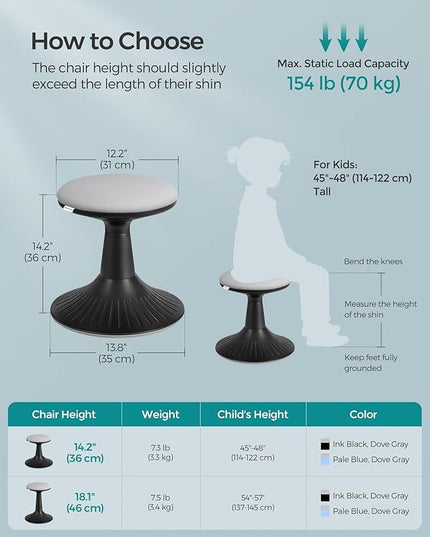 SONGMICS Kids Wobble Chair, Wiggle Stool for Kids Ages 5-8, Comfortable 60D Foam Seat, Breathable Fabric, Anti-Slip Base, 14.2-Inch High, Tool-Free Assembly, Ink Black and Dove Gray UOSC009B01 - LeafyLoom