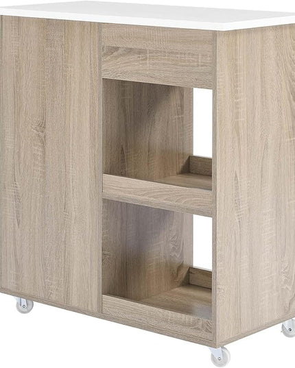 Modway Culinary Rolling Kitchen Cart with Storage in Oak White - 3 Tiers Kitchen Island on Wheels with Towel Bar, Functional as a Coffee Station, Bar Cabinet or Butcher Block Island - LeafyLoom