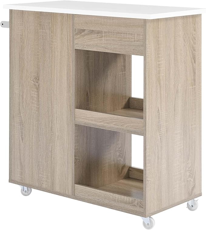 Modway Culinary Rolling Kitchen Cart with Storage in Oak White - 3 Tiers Kitchen Island on Wheels with Towel Bar, Functional as a Coffee Station, Bar Cabinet or Butcher Block Island - LeafyLoom