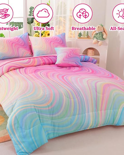 Girls Full Bedding Sets, 6 Pcs Pink Full Szie Comforter Set with Sheets, Tie Dye Superior Blue Pink Rainbow Bedding Set for Girls Kids - LeafyLoom