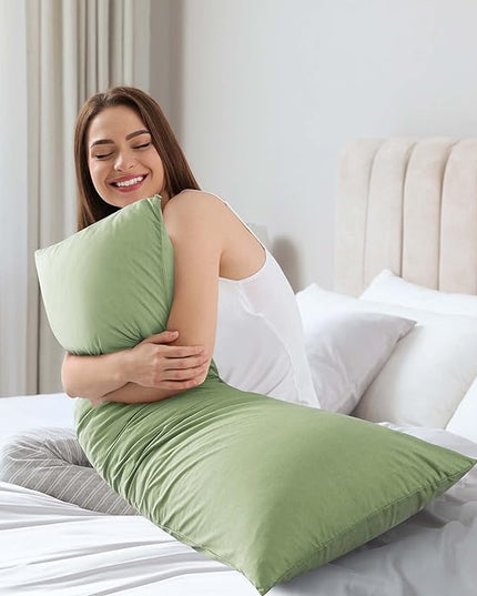 WhatsBedding Memory Foam Body Pillow with Breathable Zippered Cotton Cover, Full Body Pillow for Adults, Long Pillow for Sleeping, Firm Body Pillow Fluffy Supportive - Sage Green - LeafyLoom